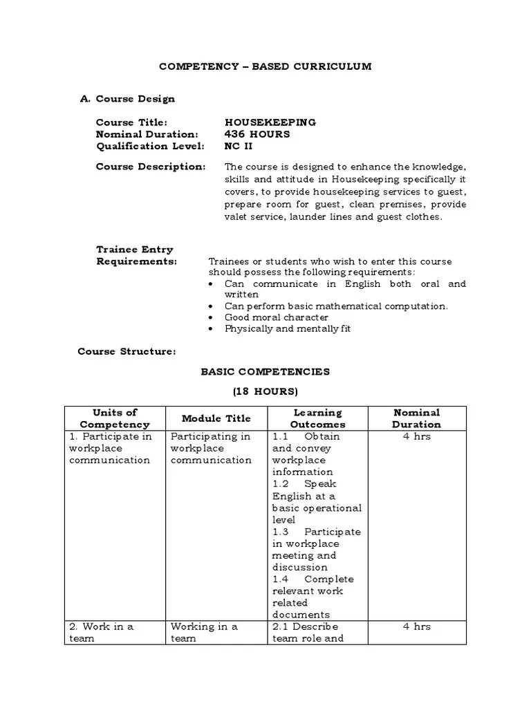 CBC Housekeeping NC Ii | PDF | Laundry | Occupational Safety And Health