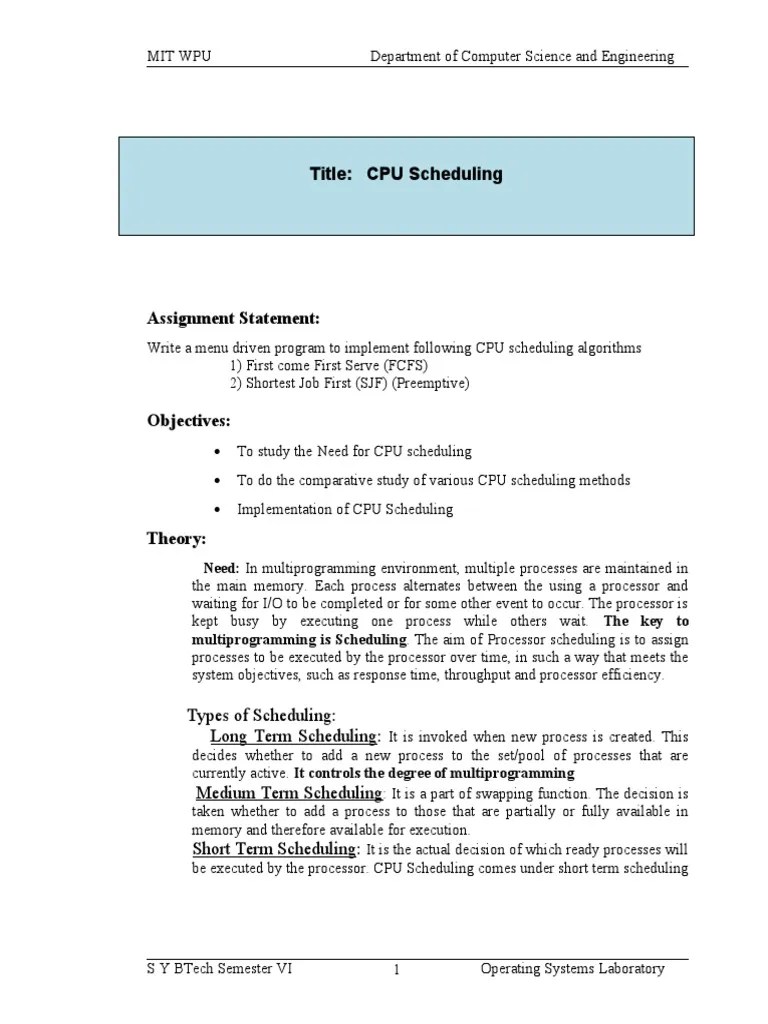 Title: CPU Scheduling: Types Of Scheduling: Long Term Scheduling: Medium Term Scheduling Short ...