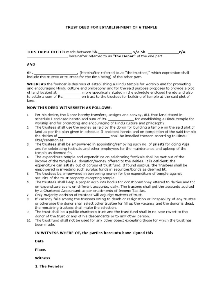 Trust Deed For Establishment Of A Temple | PDF | Trust Law | Trustee
