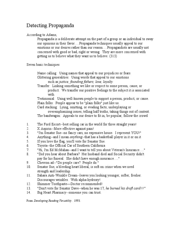 Detecting Propaganda: From Developing Reading Versatility. 1993 | PDF