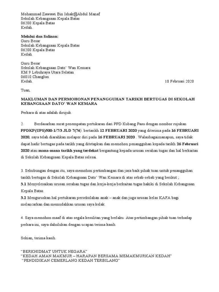 Contoh surat penangguhan mula bekerja . Surat Penangguhan Lapor Diri Pdf
