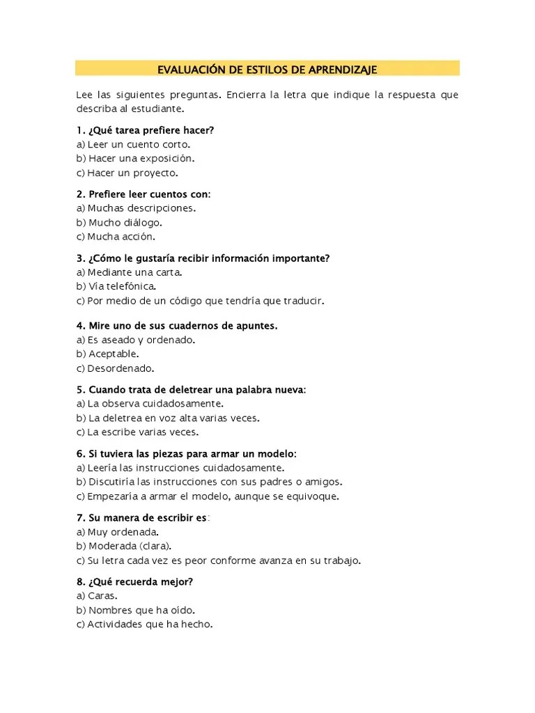 Evaluación De Estilos De Aprendizaje | PDF | Aprendiendo Estilos | Prueba (evaluación)