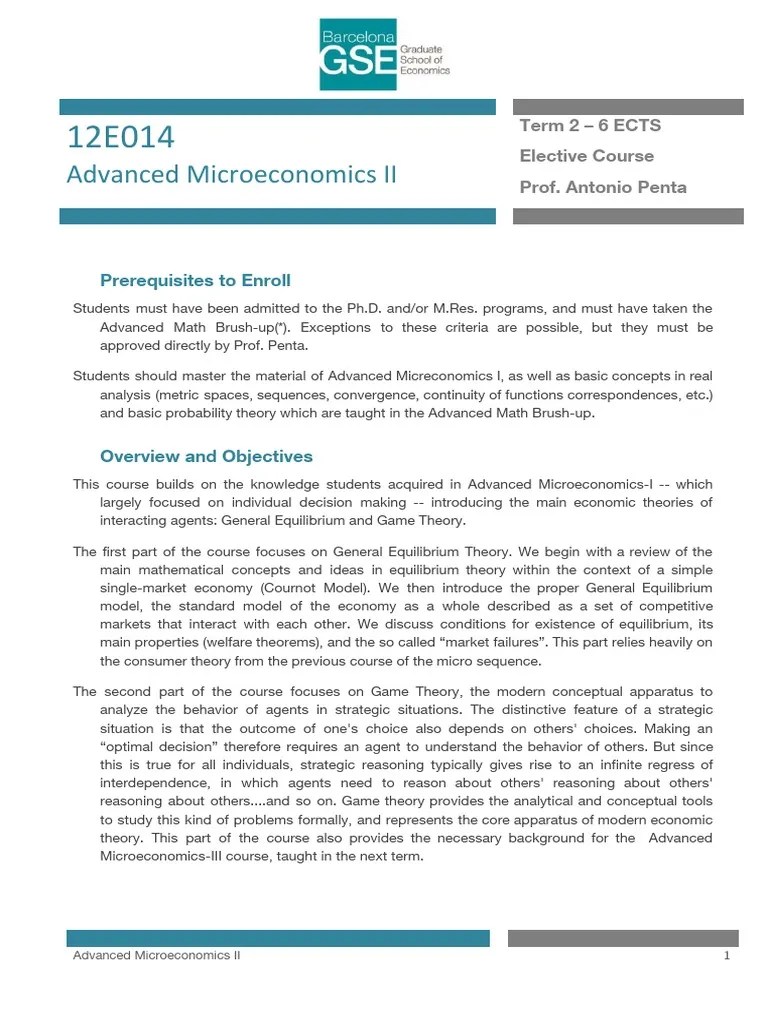 Course E014 Advanced Microeconomics II | PDF | General Equilibrium ...