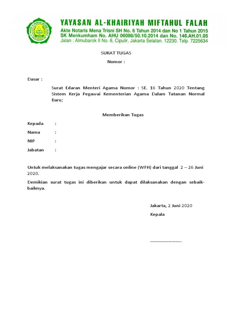 Contoh Surat Tugas Wfh Guru Bulan Juni 