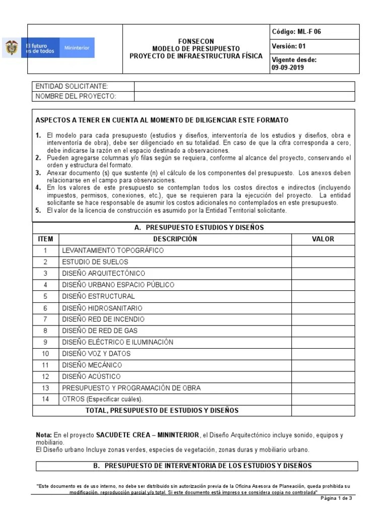 Anexo 3. Modelo De Presupuesto Proyectos De Infraestructura Fisica | PDF | Presupuesto | Diseño