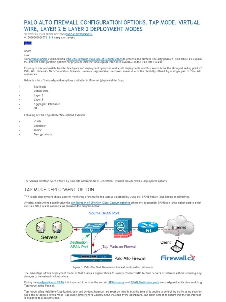 Palo Alto Firewall Interface Deployment Options: Tap, Virtual Wire, Layer 2 & 3 Modes | PDF ...