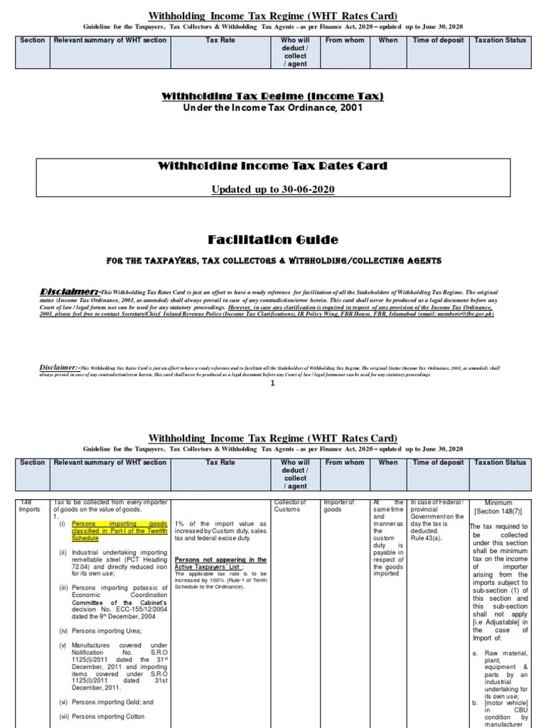 Withholding Income Tax Regime (WHT Rates Card) : Facilitation Guide | PDF | Withholding Tax ...