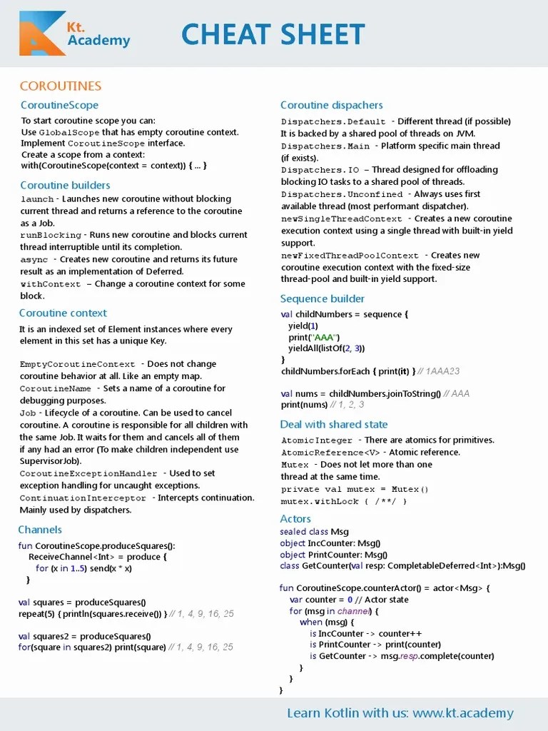 Kotlin Coroutines Cheat Sheet PDF | PDF | Thread (Computing ...