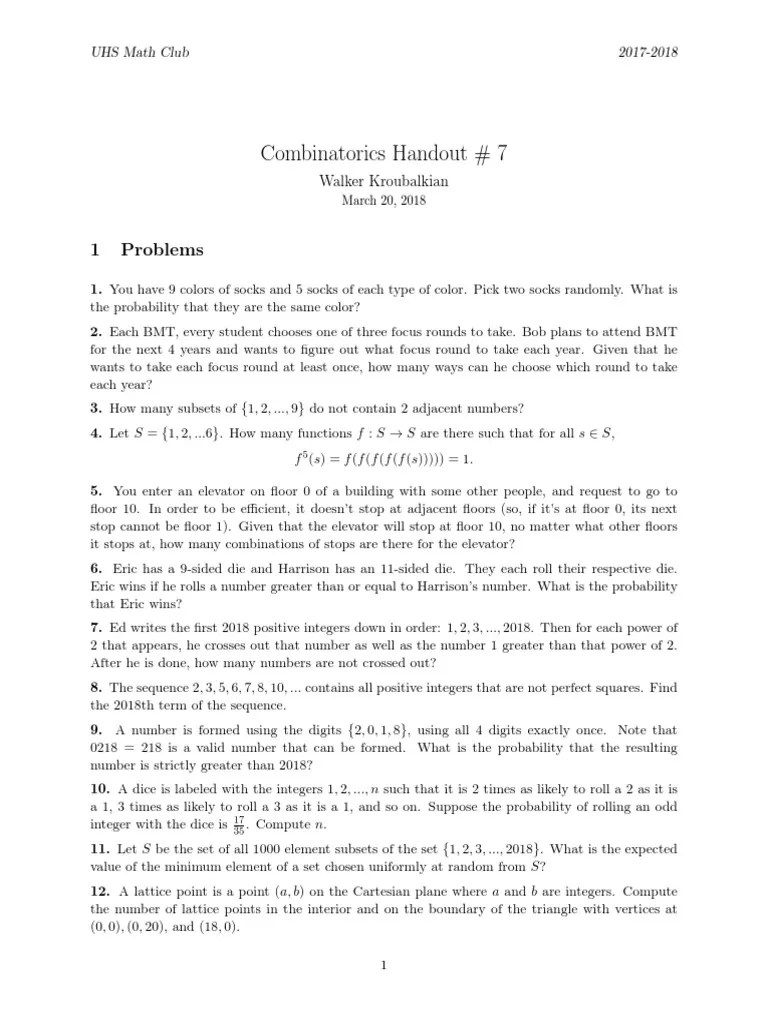 Combinatorics Handout # 7: 1 Problems | PDF | Numbers | Sequence