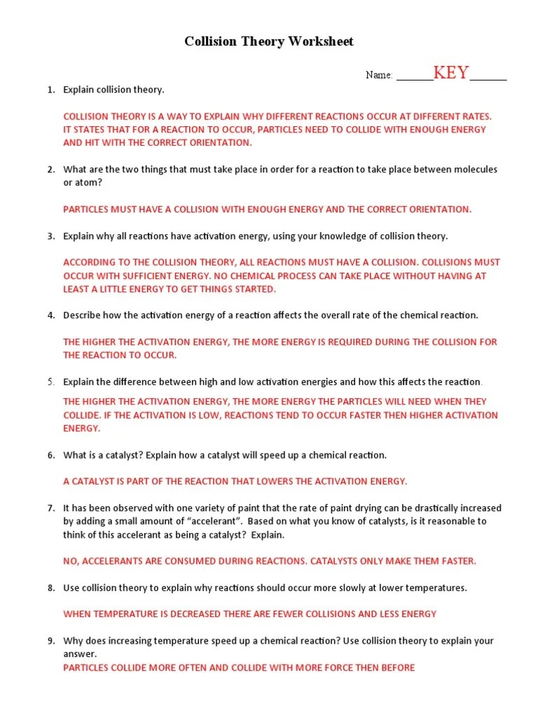 Most answers can be found in the textbook pages we looked at and the inthinking. Collision Theory Worksheet Key Pdf Reaction Rate Chemical Reactions