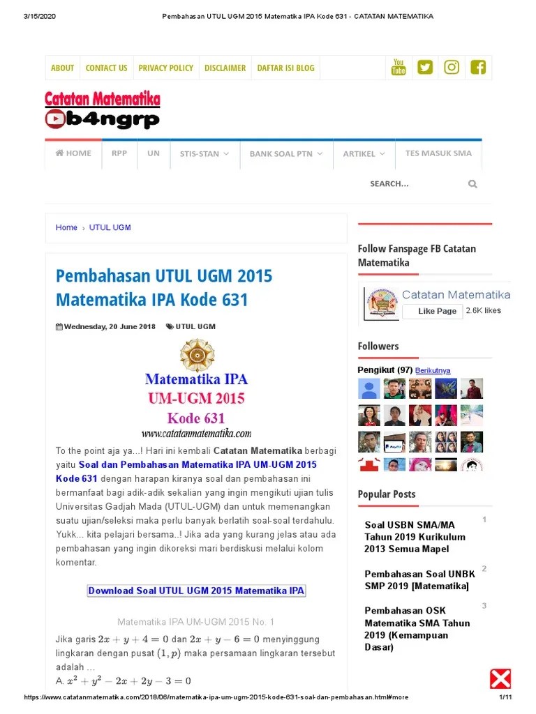 Tes kemampuan dasar umum ( . Pembahasan Utul Ugm 2015 Matematika Ipa Kode 631 Catatan Matematika Pdf