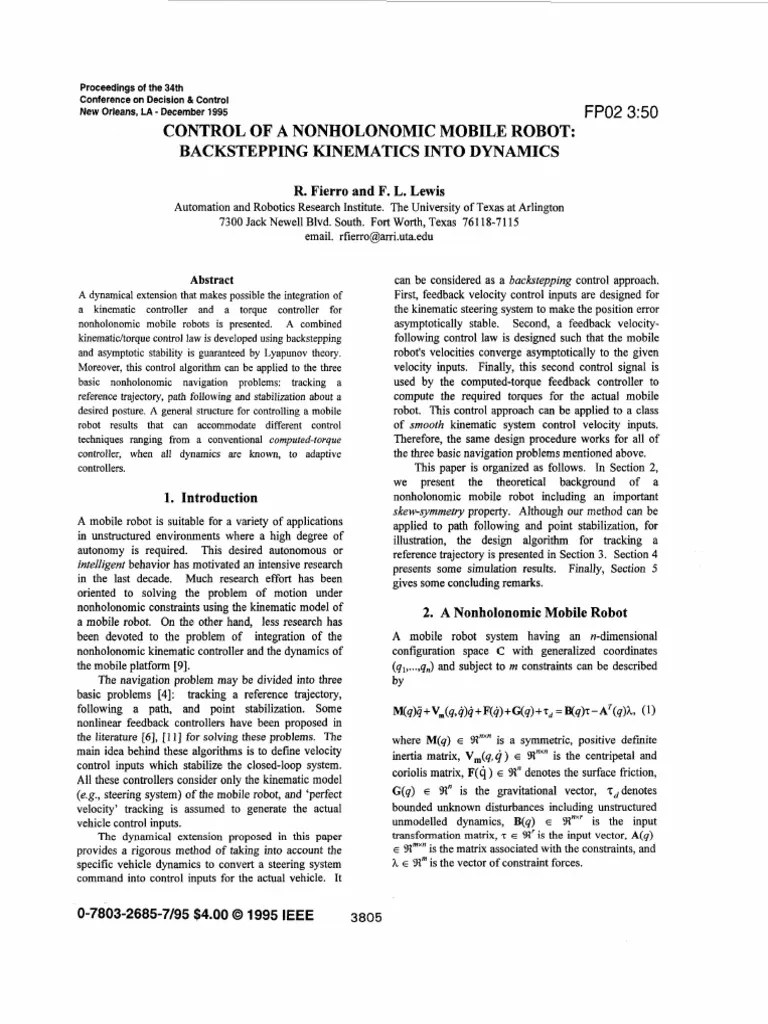 Control Nonholonomic Mobile Robot: Backstepping Kinematics Into Dynamics | PDF | Kinematics ...