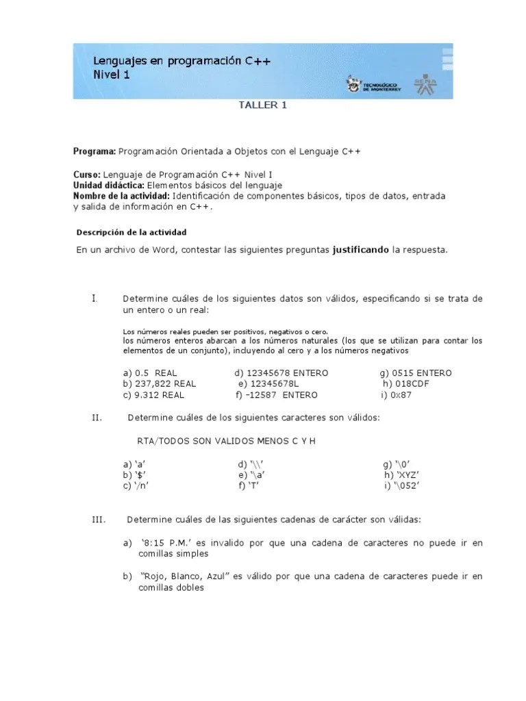 Taller 1 C++ | PDF | C ++ | Lenguaje De Programación