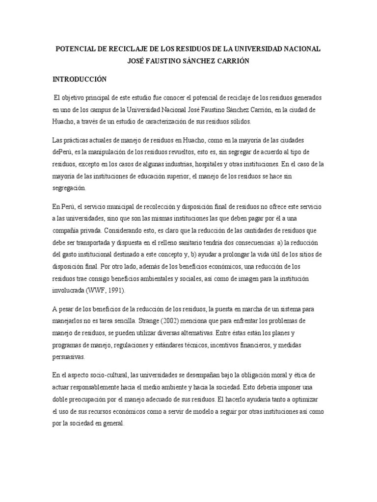 Potencial De Reciclaje De Los Residuos De La Universidad Nacional José Faustino Sánchez Carrión ...