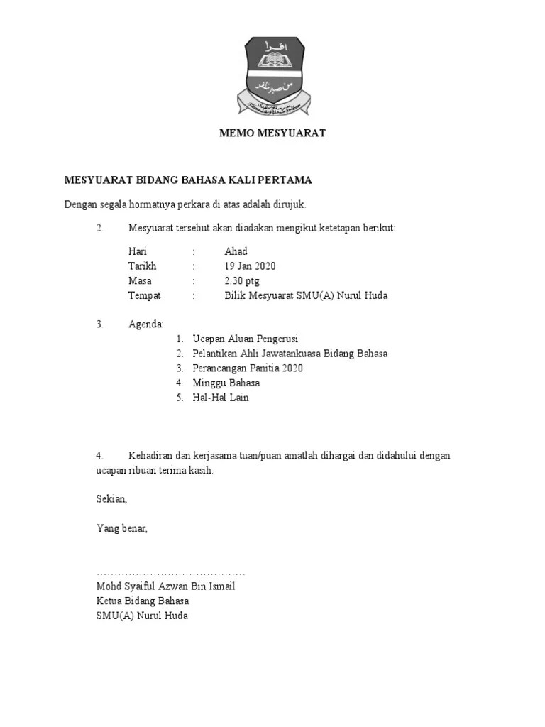 18 contoh surat panggilan mesyuarat panitia spsk kumpulan contoh surat . Memo Panggilan Mesyuarat Kali Pertama 2020 Pdf