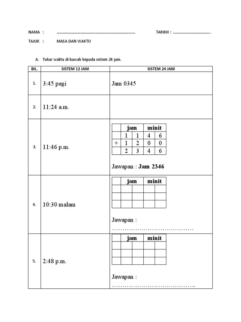 Soalan matematik tahun 6 topik masa dan waktu. Lembaran Kerja Matematik Tahun 4 Pdf