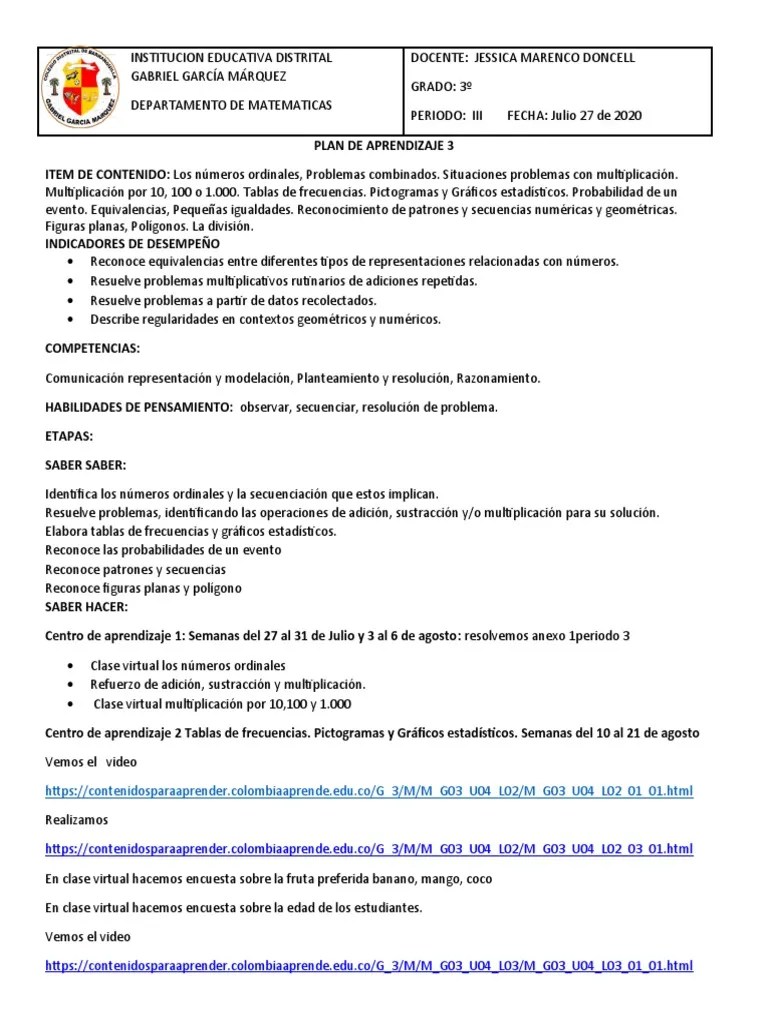 Plan De Aprendizaje Matematicas P3 | PDF | Geometría | Aprendizaje