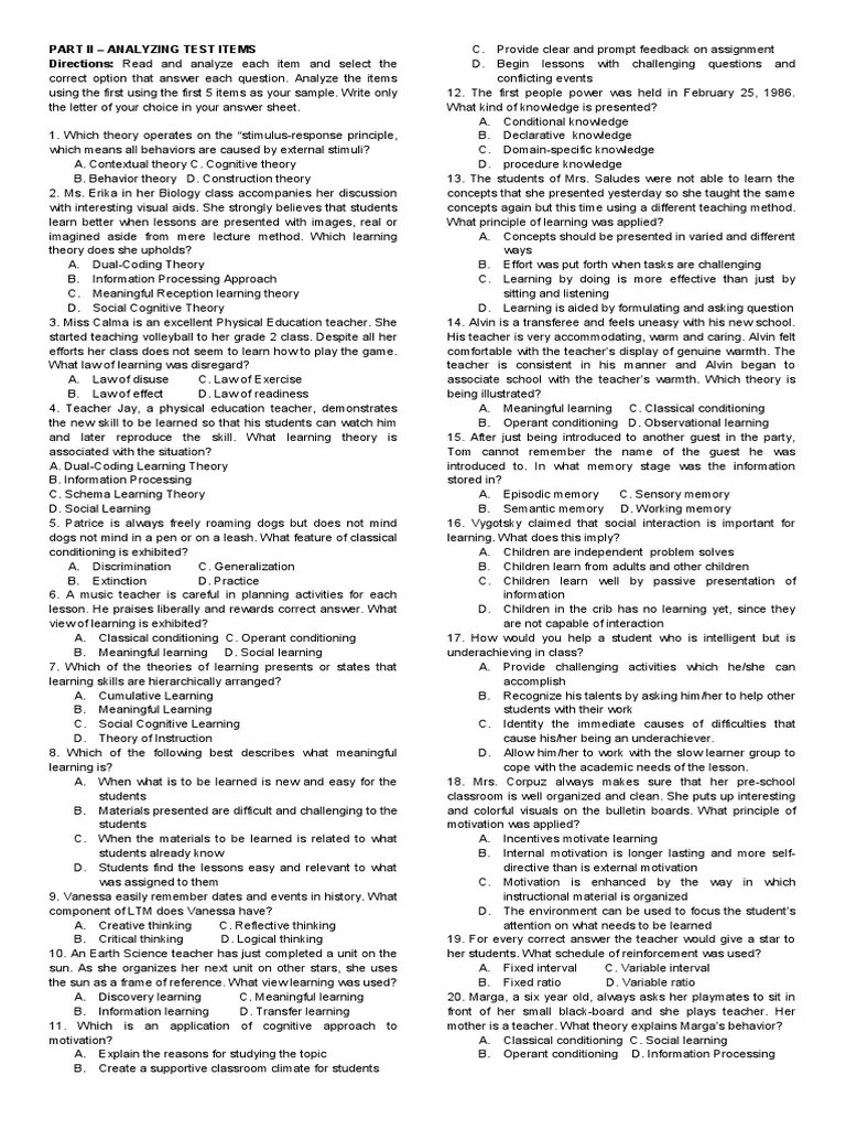 Practice Test (Principles And Learning Of Theories And Motivation ...