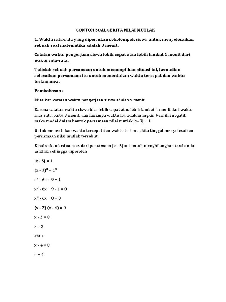 Contoh soal nilai mutlak dan pembahasannya kelas 10 kurikulum 2013 …. Contoh Soal Cerita Nilai Mutlak Pdf