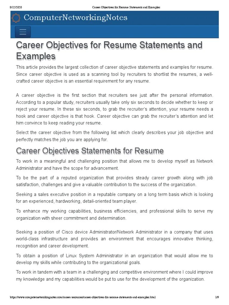 Every item on this page w. Career Objectives For Resume Statements And Examples Pdf Goal Leadership