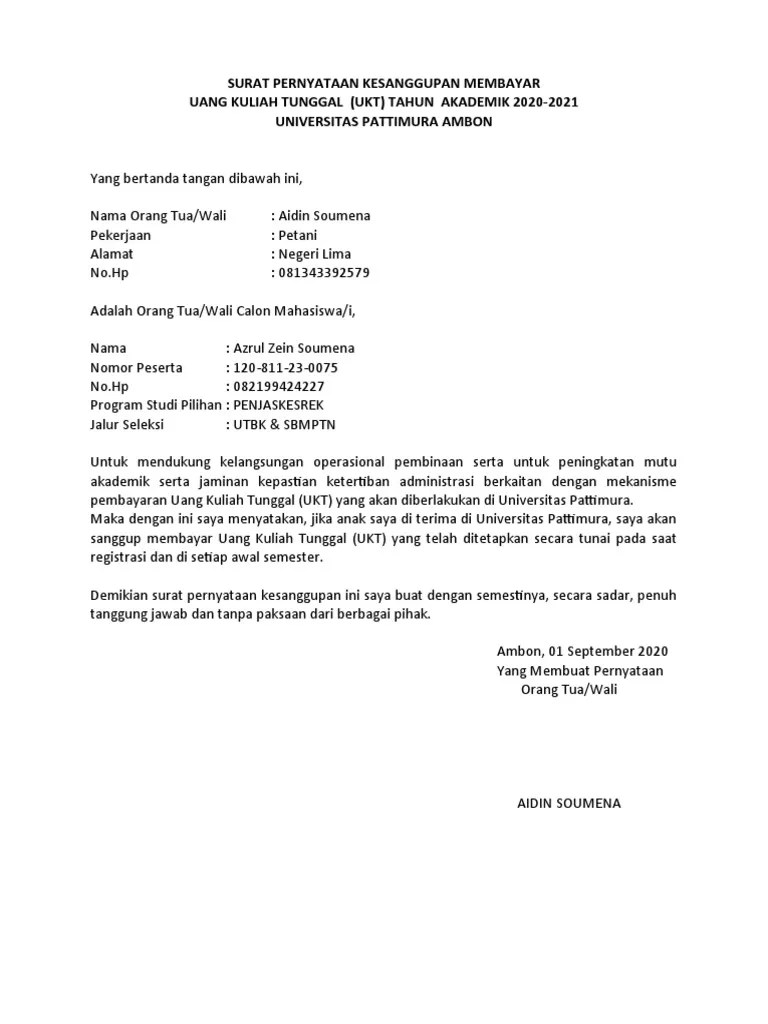 Contoh surat pernyataan pembayaran uang kuliah. Contoh Surat Pernyataan Kesanggupan Membayar Uang Kuliah
