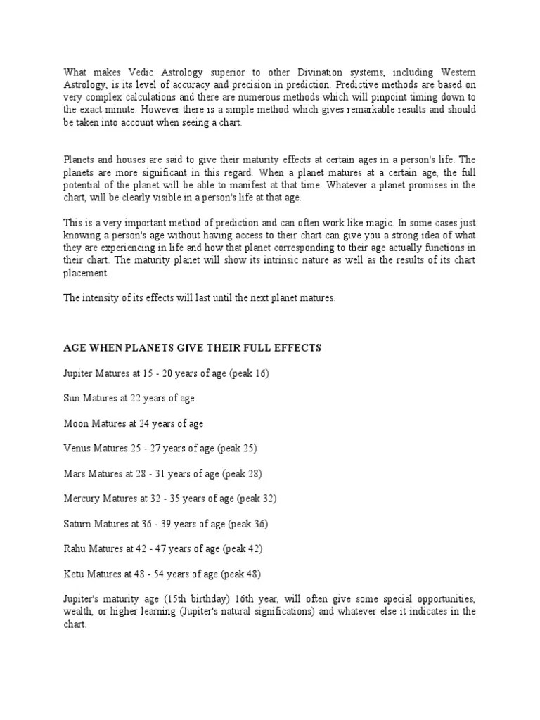 Vedic Astrology Planets Maturity Ages | PDF | Hindu Astrology | Planets