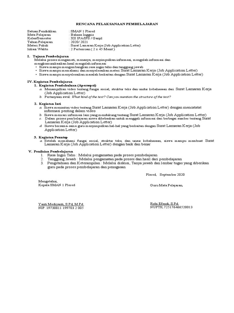 RPP 1 Lembar Job Application Letter Kelas 12 | PDF