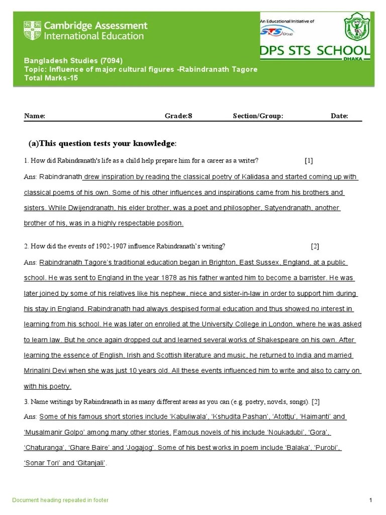 Rabindranath Tagore Worksheet | PDF | Rabindranath Tagore | Poetry