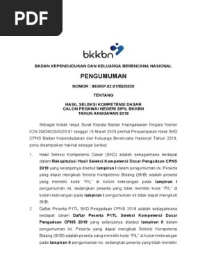 Pengumuman hasil seleksi administrasi cpns bkkbn tahun 2021. Pengumuman Hasil Skd Penerimaan Cpns Bkkbn Ta 2019 Pdf