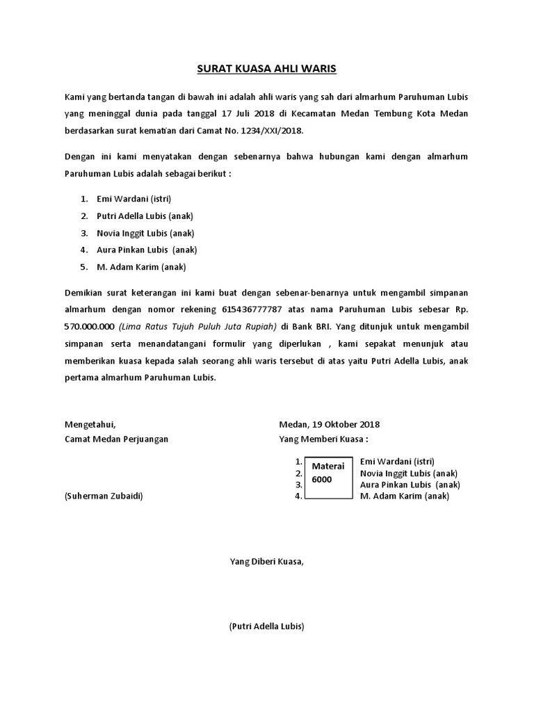 Salah satu syarat pengambilan tabungan keluarga yang wafat di bank bri adalah surat pernyataan ahli waris. Surat Kuasa Ahli Waris Bri Pdf