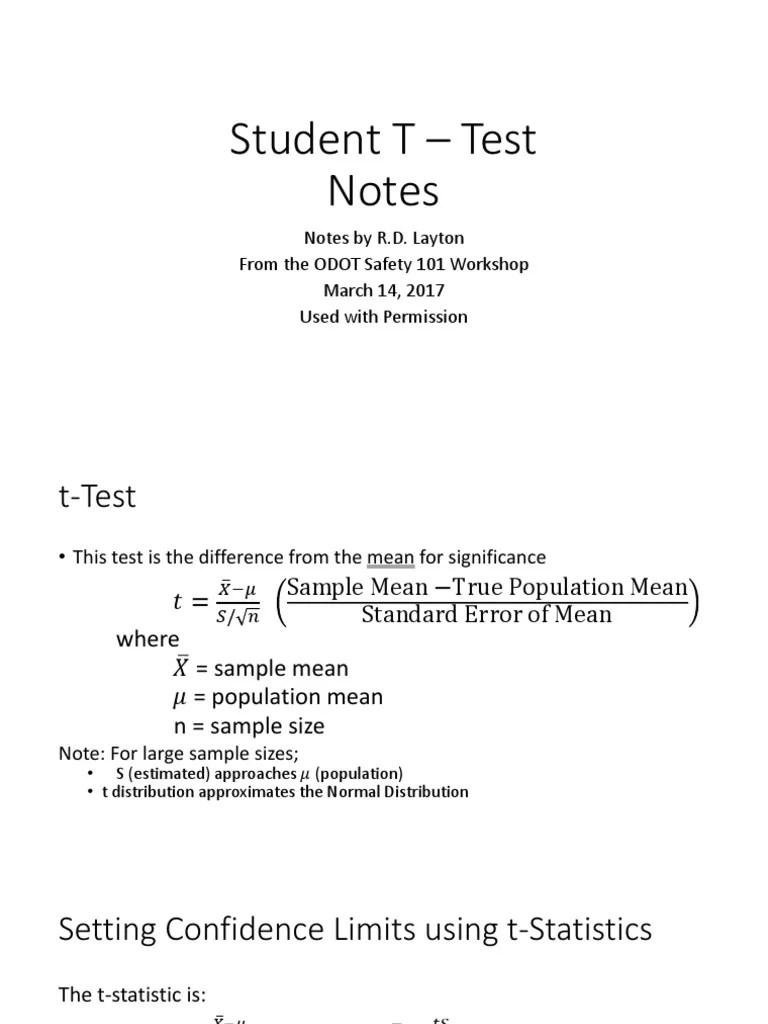 Student T - Test Notes | PDF | Student's T Test | Mean