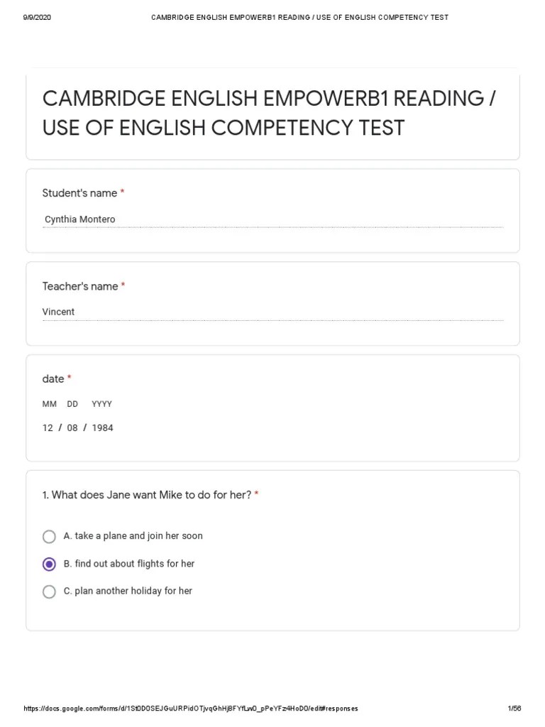 CAMBRIDGE ENGLISH EMPOWERB1 READING - USE OF ENGLISH COMPETENCY TEST ...