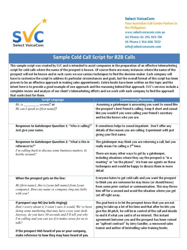 Sample Cold Call Script For B2B Calls PDF | PDF | Call Centre | Outsourcing