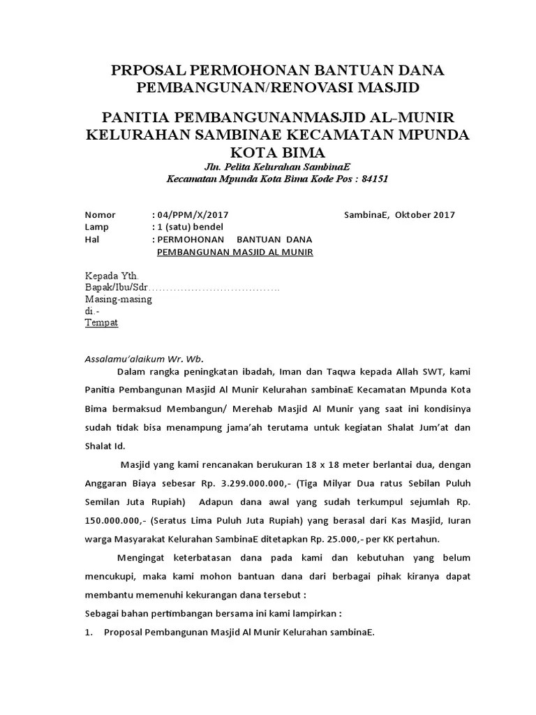 Proposal Permohonan Bantuan Dana Pembangunan Masjid | PDF