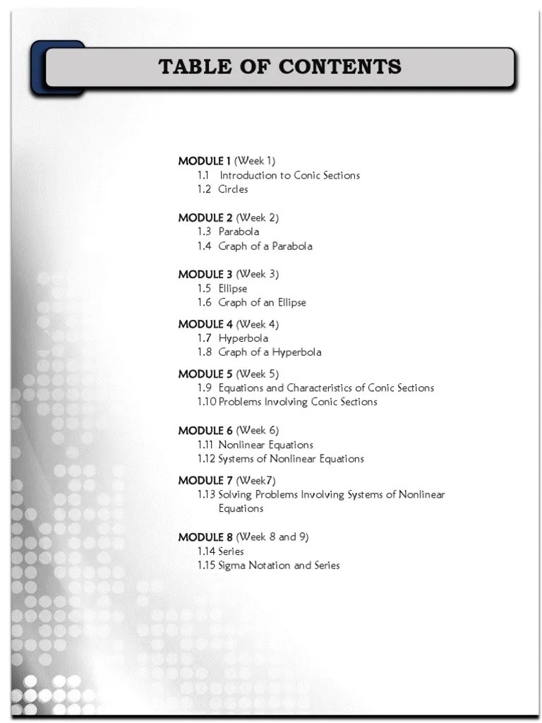 Pre-Calculus - Module 1-Conic Sections | PDF | Ellipse | Manifold