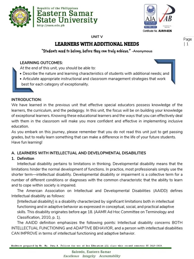 Learners With Additional Needs: 