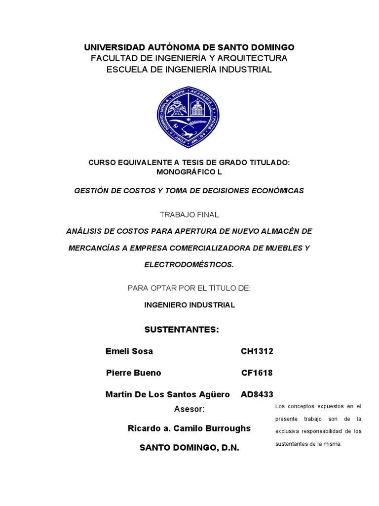 Análisis De Costos Para Apertura De Nuevo Almacén De Mercancías A ...