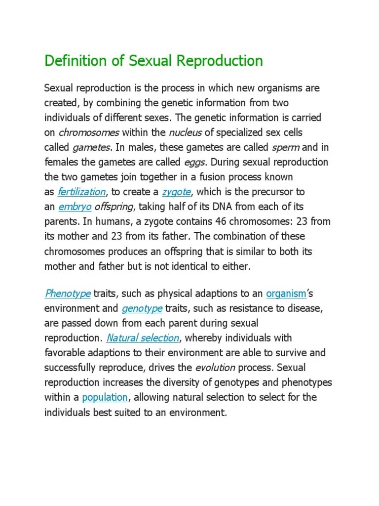 Definition Of Sexual Reproduction: Fertilization Zygote Embryo | PDF ...