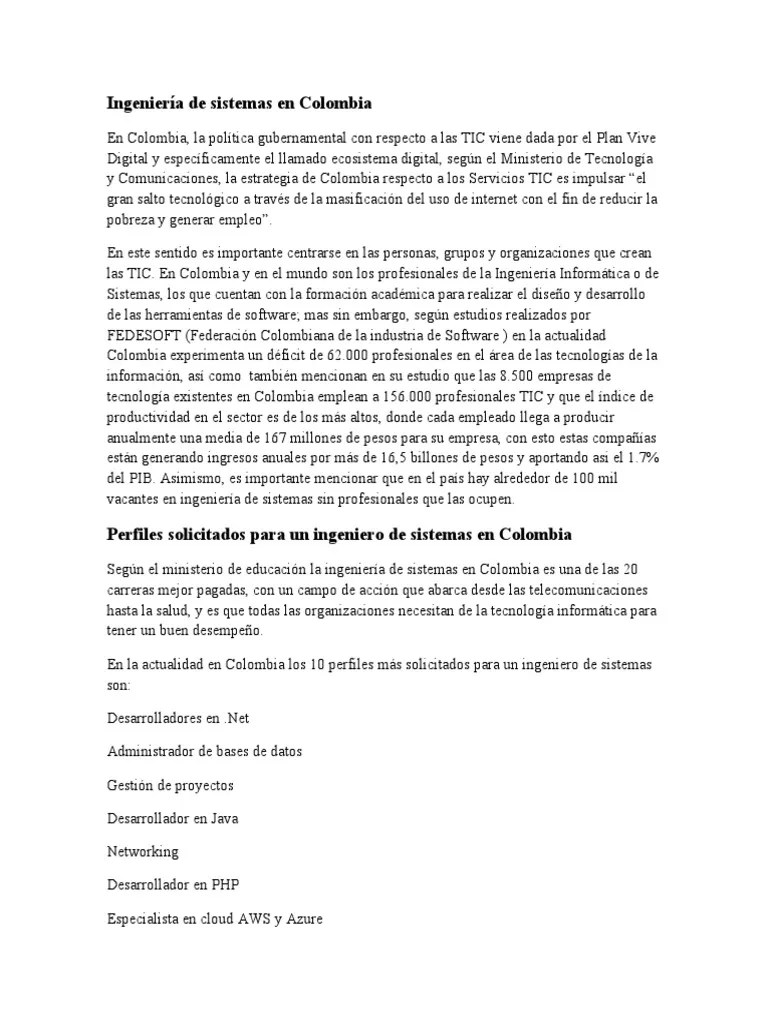 Ingeniería De Sistemas En Colombia | PDF | Colombia | Ingeniería De Sistemas