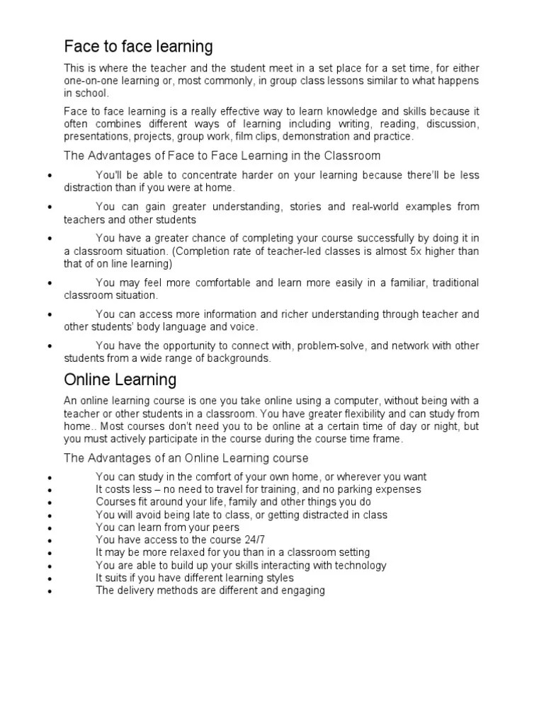 Face To Face Learning Vs. Online Learning | PDF