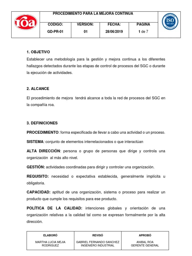 Procedimiento Mejora Continua PDF | PDF | Sistema De Manejo De Calidad ...