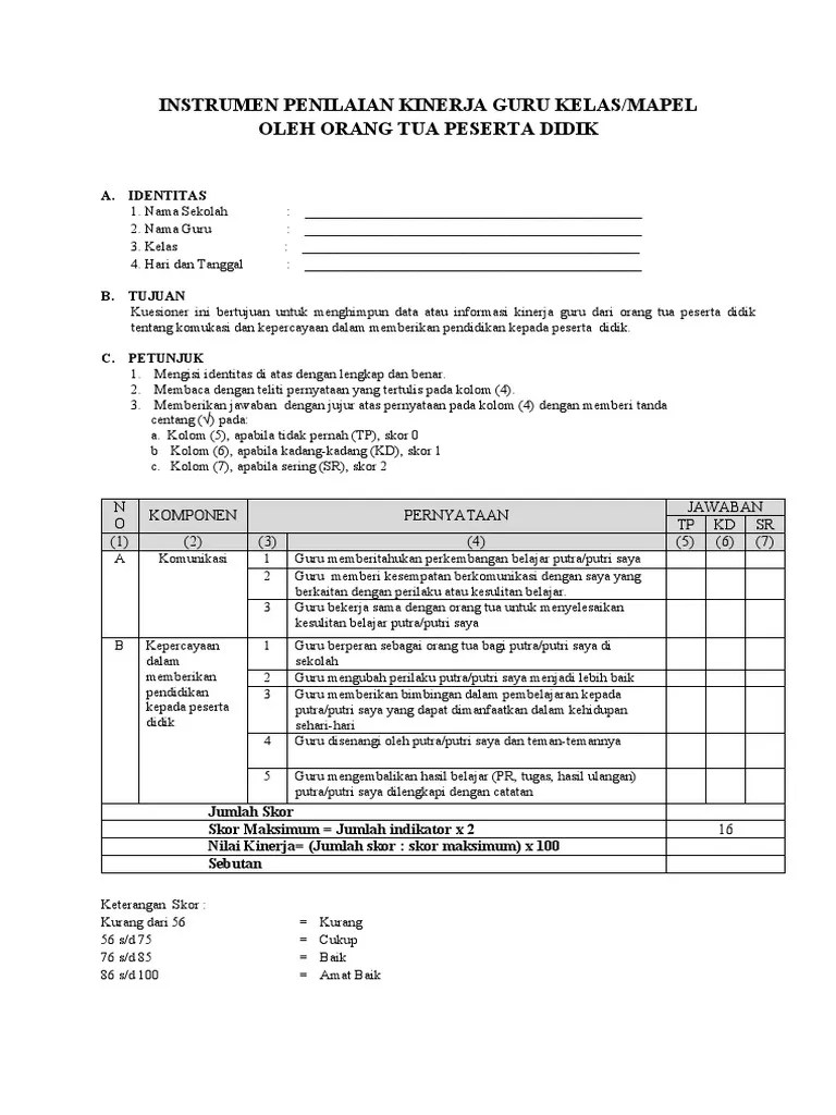 Bahwa instrumen penilaian kinerja guru. Instrumen Penilaian Orang Tua Pdf