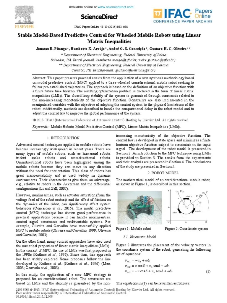 Stable Model Based Predictive Control For Wheeled Mobile Robots Using Linear Matrix Inequalities ...