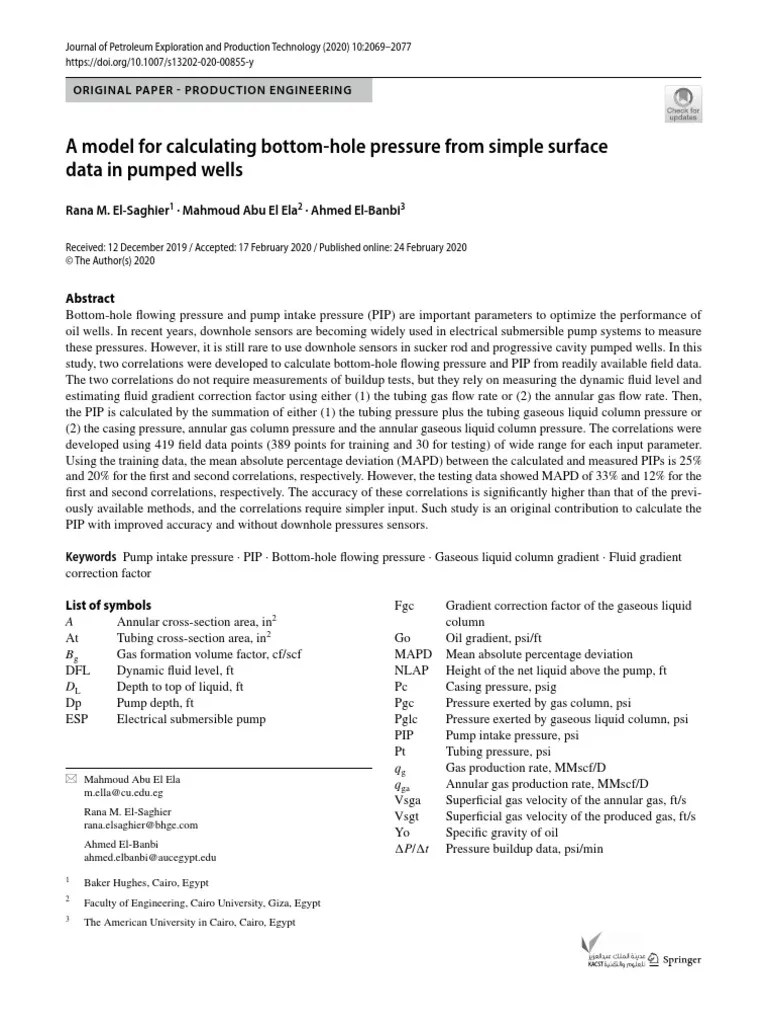 A Model For Calculating Bottom-Hole Pressure From Simple Surface Data ...