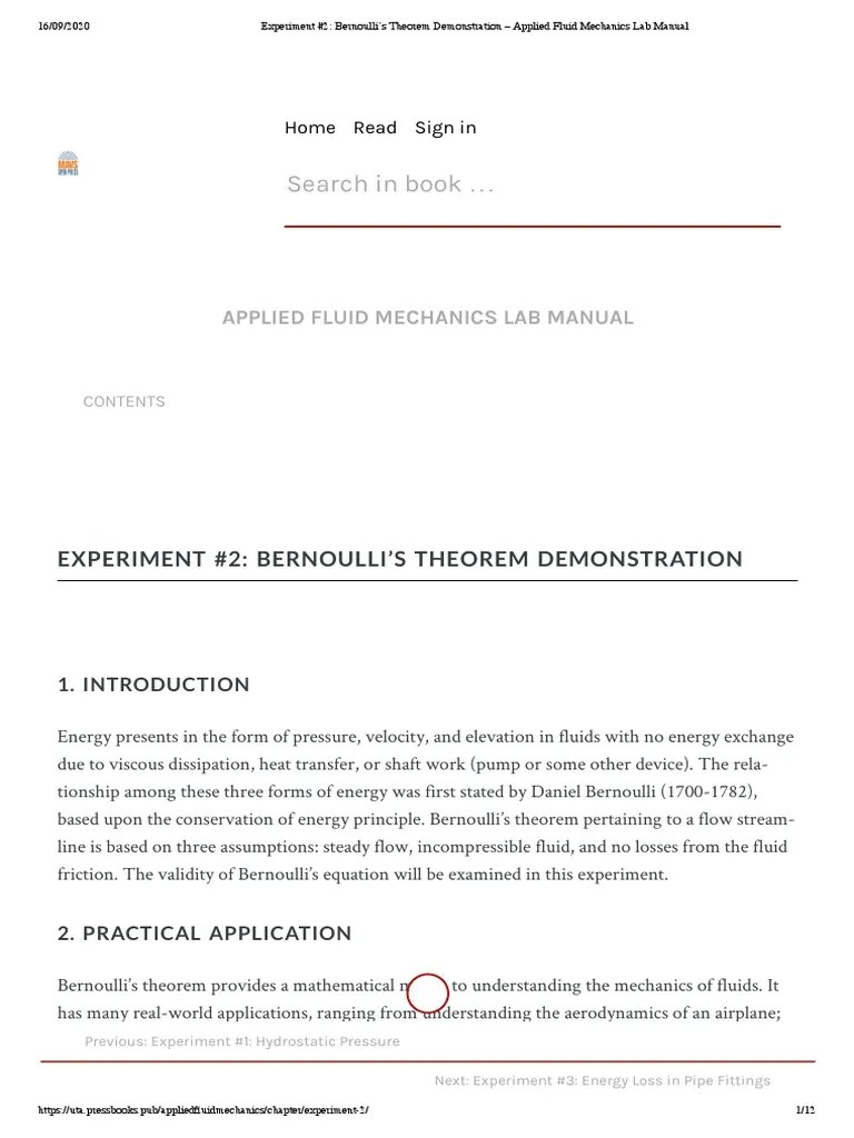 Experiment #20 - Bernoulli's Theorem Demonstration - Applied Fluid Mechanics Lab Manual ...