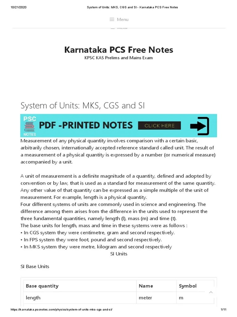 System Of Units - MKS, CGS And SI - Karnataka PCS Free Notes PDF | PDF | International System Of ...