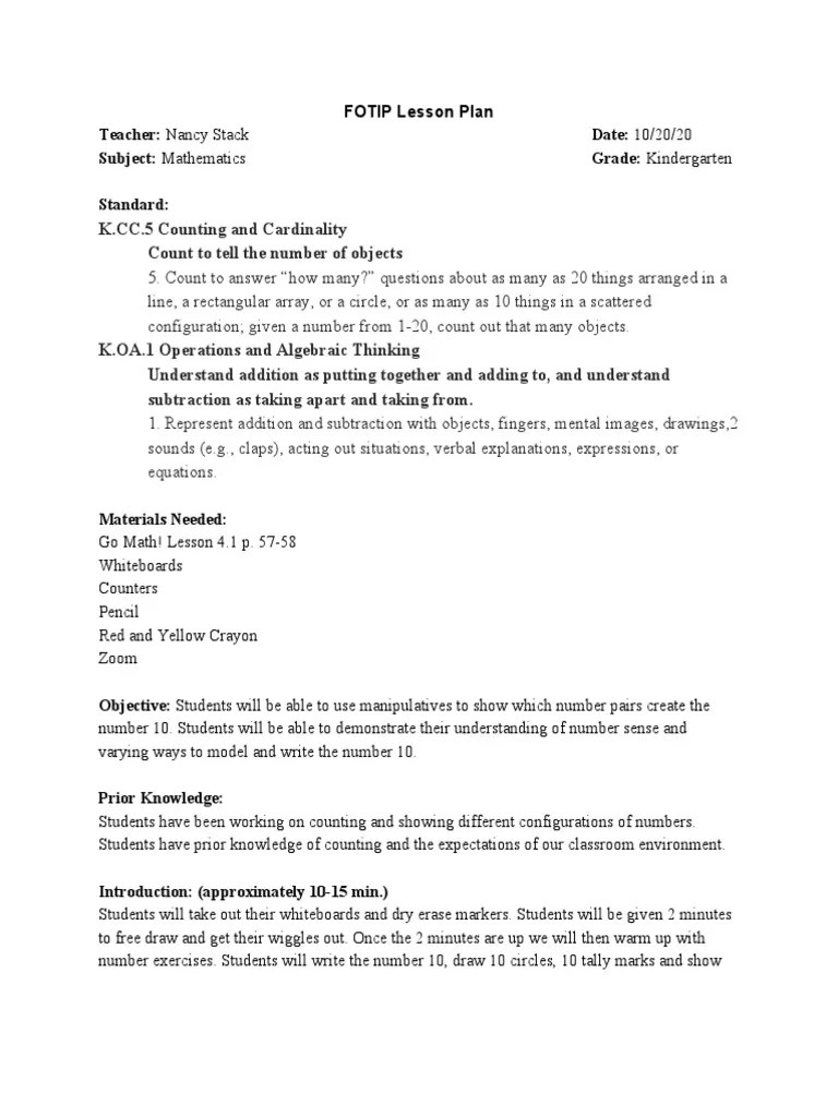 Ensure that you keep the class as interactive as possible. Fotip Lesson Plan 1 Pdf Numbers Lesson Plan