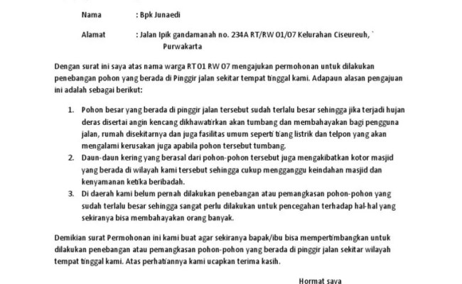 Contoh Surat Permohonan Penebangan Pokok Oleh Mpsp