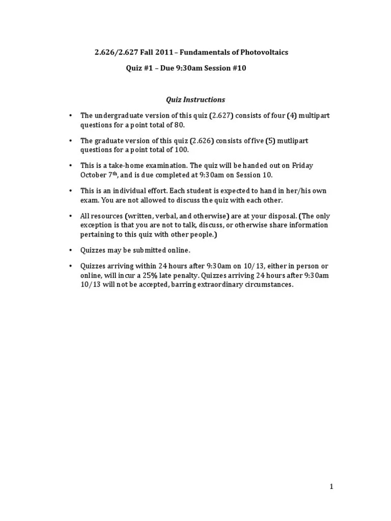 2.626/2.627 Fall - Fundamentals Of Photovoltaics Quiz #1 - Due 9:30am ...