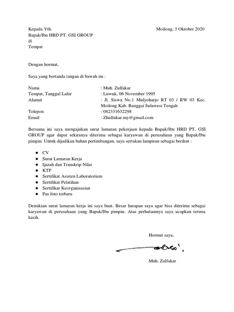 Surat lamaran kerja ditulis tangan; Surat Lamaran Kerja Zulfakar Pdf Pdf